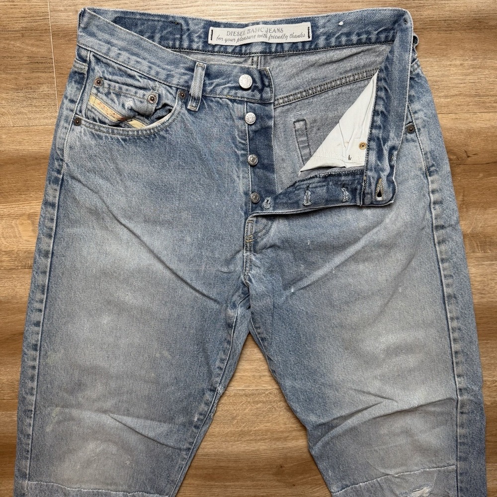 Diesel Jeans Men 30x29 Blue Tapered Leg Distressed Italy Patch Vintage (Tag 34)